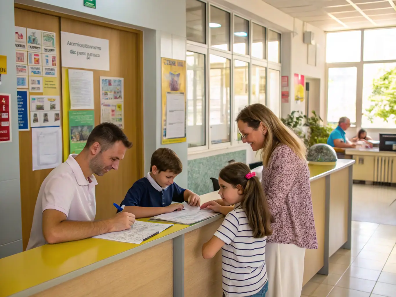 A parent assisting their child in filling out an application form at a desk, with school brochures and a pen neatly arranged. The setting is a bright, welcoming school reception area.